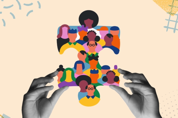 A composite image featuring a pair of white hands photographed in black and white. These are holding the multicoloured outline of a jigsaw piece made up of illustrations of different people of different gender and ethnicities.
